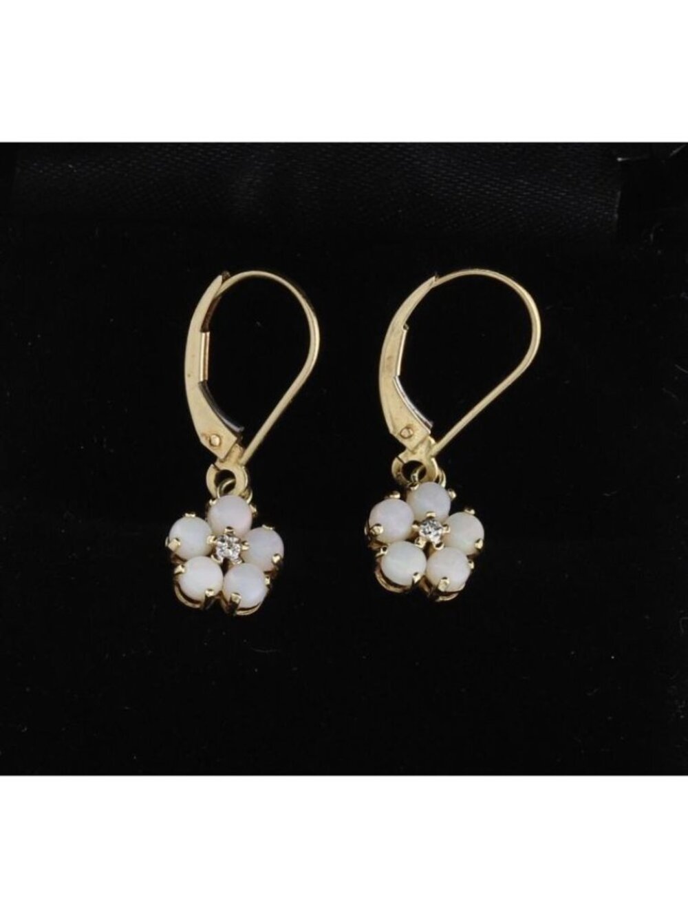 14k Yellow Gold Natural Opal & Diamond Flower Dangle Drop Earrings 1" x 1/4"